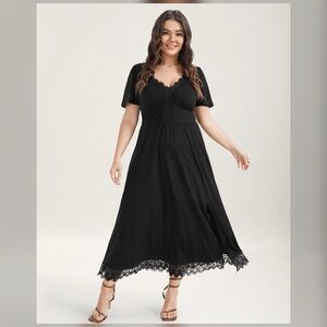 🖤BLOOMCHIC •Solid Pocket Contrast Lace Split Maxi Dress